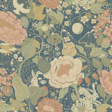 MANHATTAN COMFORT Garfield Vxa Teal Rabbits  Rosehips 33 ft L X 209 in W Wallpaper BR4111-63013